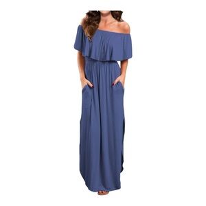 VERABENDI Women's Off Shoulder blue  Long Ruffle Maxi Dress w/ Pockets Sz XL